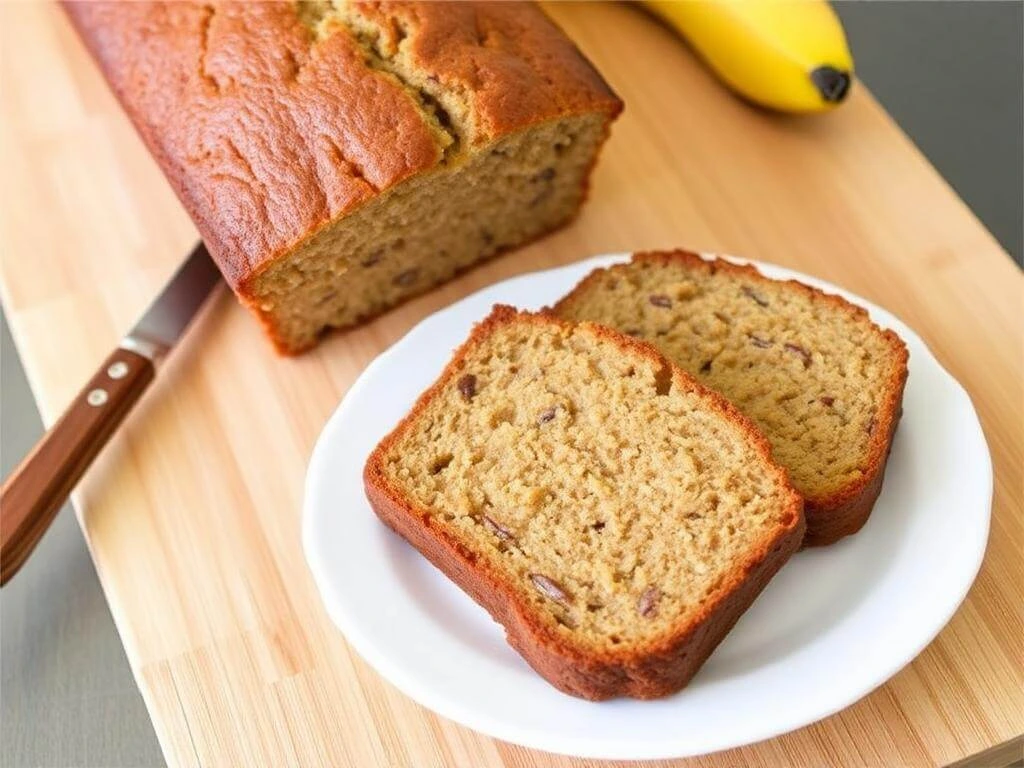 Soft, moist banana bread with no oil, sliced and ready to serve, perfect for a healthy breakfast.