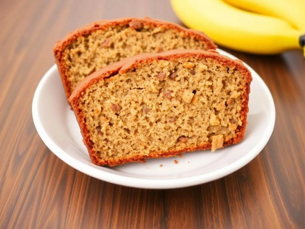 Close-up of oil-free banana bread loaf, naturally sweetened with ripe bananas and low in sugar.