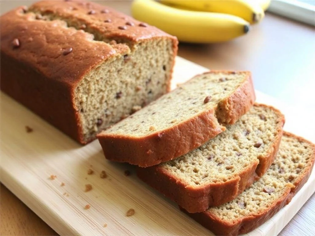 A close-up of sliced banana bread with walnuts on top.