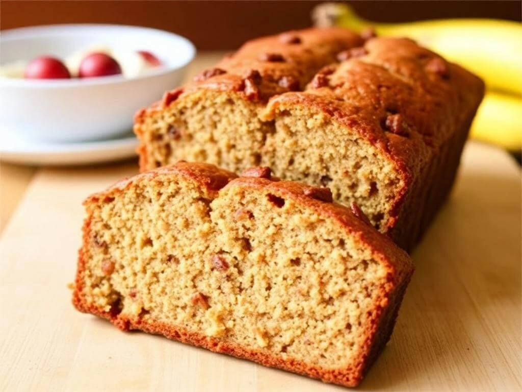 A slice of healthy banana bread made without oil and low in sugar, showcasing a soft, moist texture.