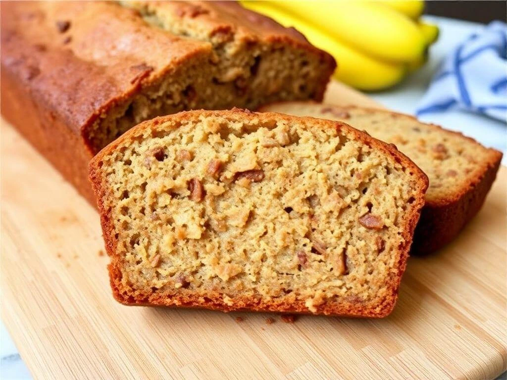 A slice of banana bread with a smear of almond butter.