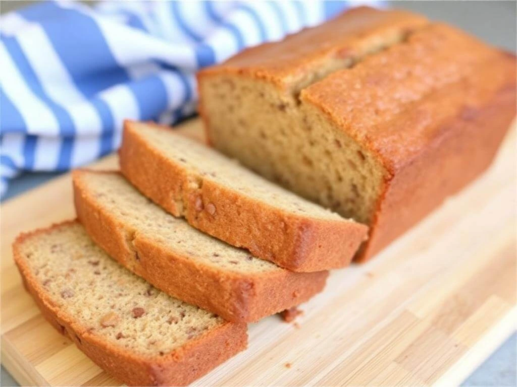 A freshly baked loaf of banana bread with no oil, topped with walnuts for extra texture and flavor.