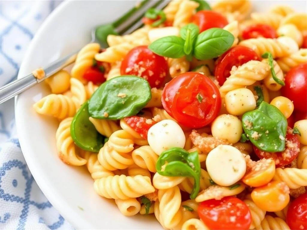 A vibrant bowl of zesty Italian pasta salad featuring colorful vegetables, olives, and a drizzle of Italian dressing.