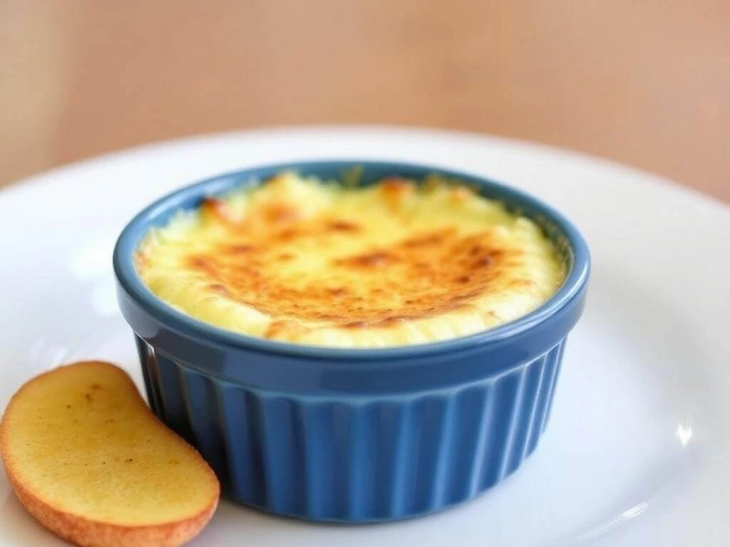 A small blue ramekin filled with a golden brown cheesy casserole on a white plate.