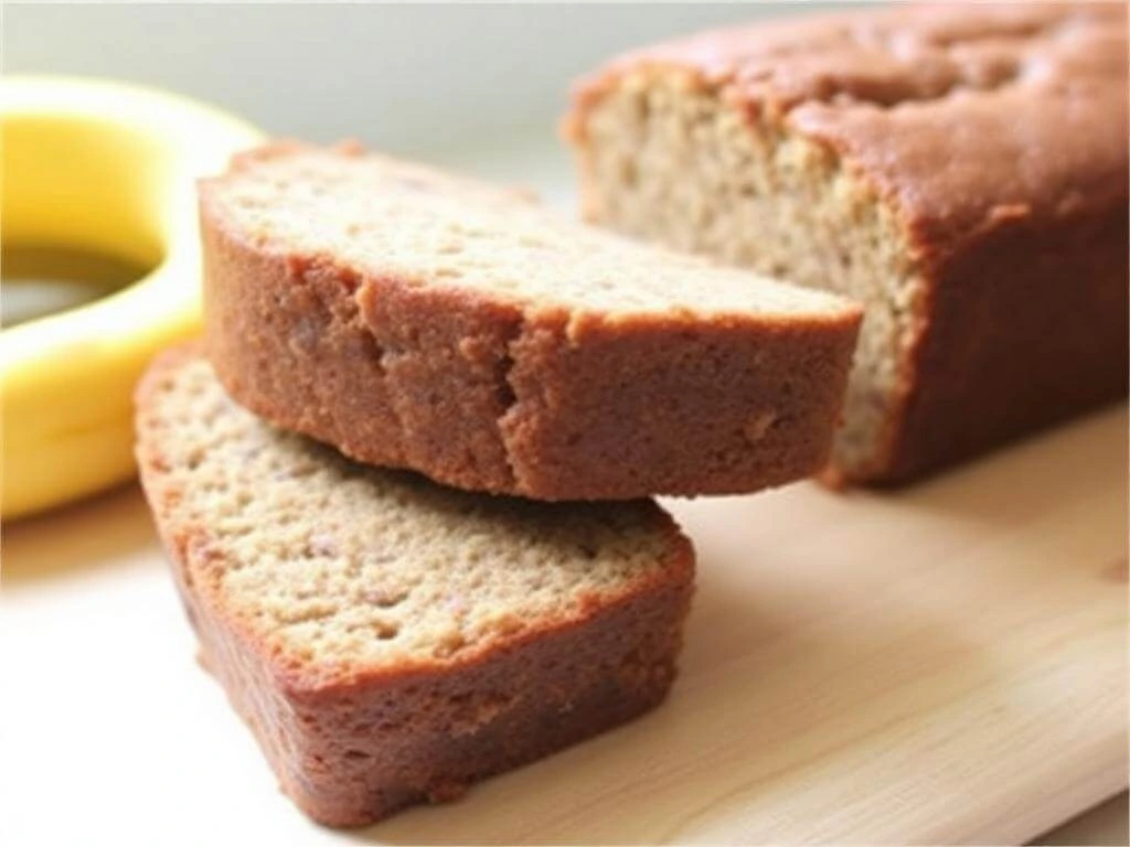 A slice of moist banana bread with low sugar and no oil, showcasing its soft texture and healthy ingredients.