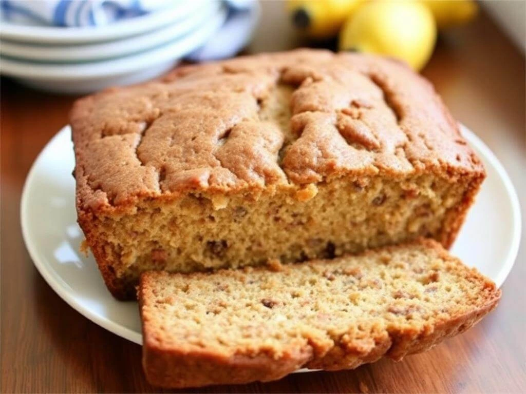 Banana bread batter being poured into a loaf pan.