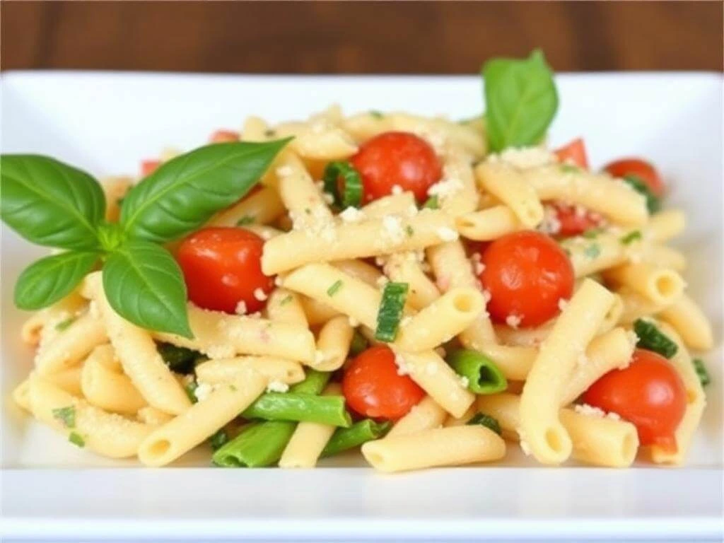 A large serving bowl filled with zesty Italian pasta salad, garnished with fresh herbs.