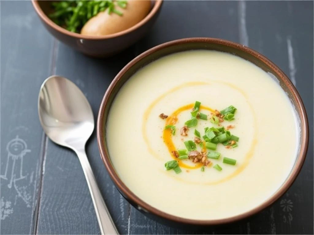 A bowl of creamy vegan potato soup garnished with fresh herbs and served with crusty bread.