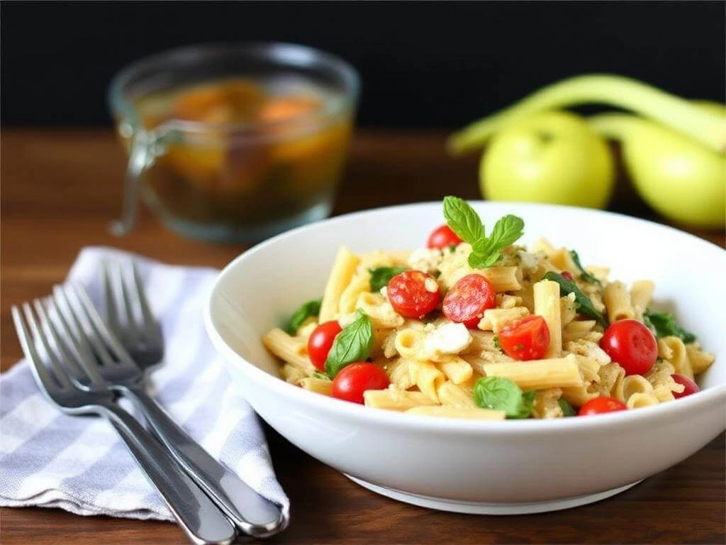 A close-up of a bowl of zesty Italian pasta salad with colorful vegetables and a drizzle of dressing.