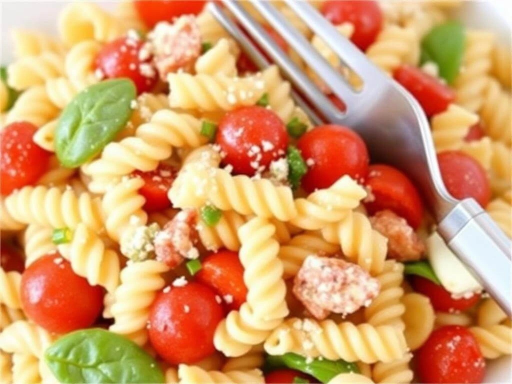 A colorful bowl of zesty Italian pasta salad featuring rotini pasta, cherry tomatoes, black olives, bell peppers, and a sprinkle of Italian herbs.