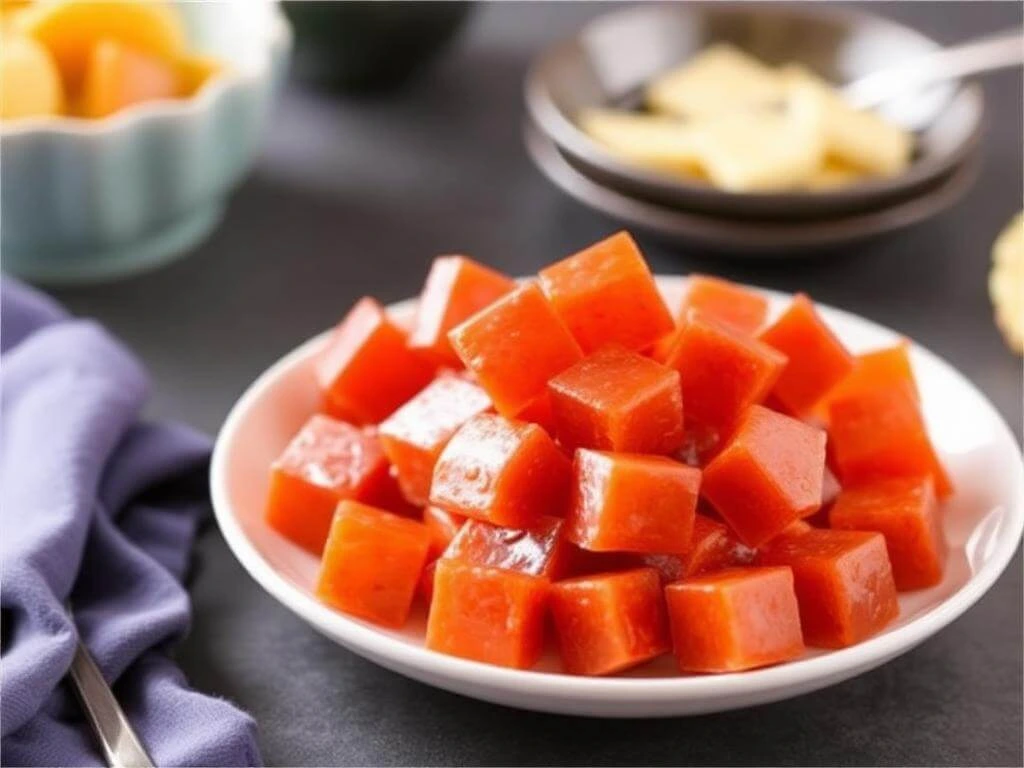 A festive serving of candied yams, beautifully arranged in a baking dish with a golden-brown crust.