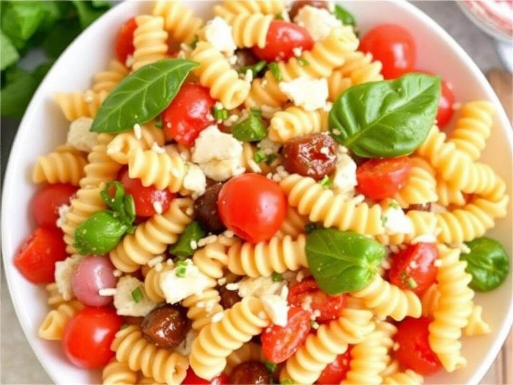 A colorful Italian pasta salad served in a clear glass bowl, showcasing the ingredients.