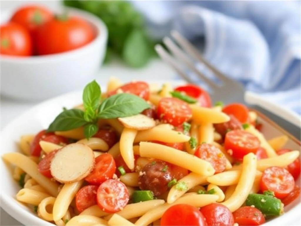 A colorful bowl of zesty Italian pasta salad with fresh vegetables and a sprinkle of herbs.