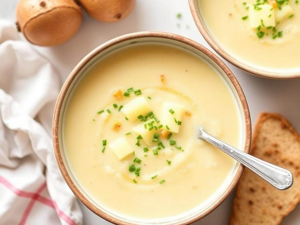 A family enjoying bowls of potato soup at the dinner table, smiling and chatting.