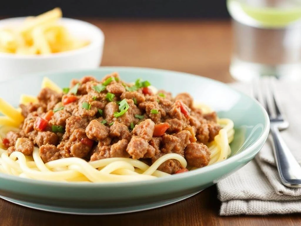 A colorful stir-fry with ground beef, bell peppers, and snap peas.