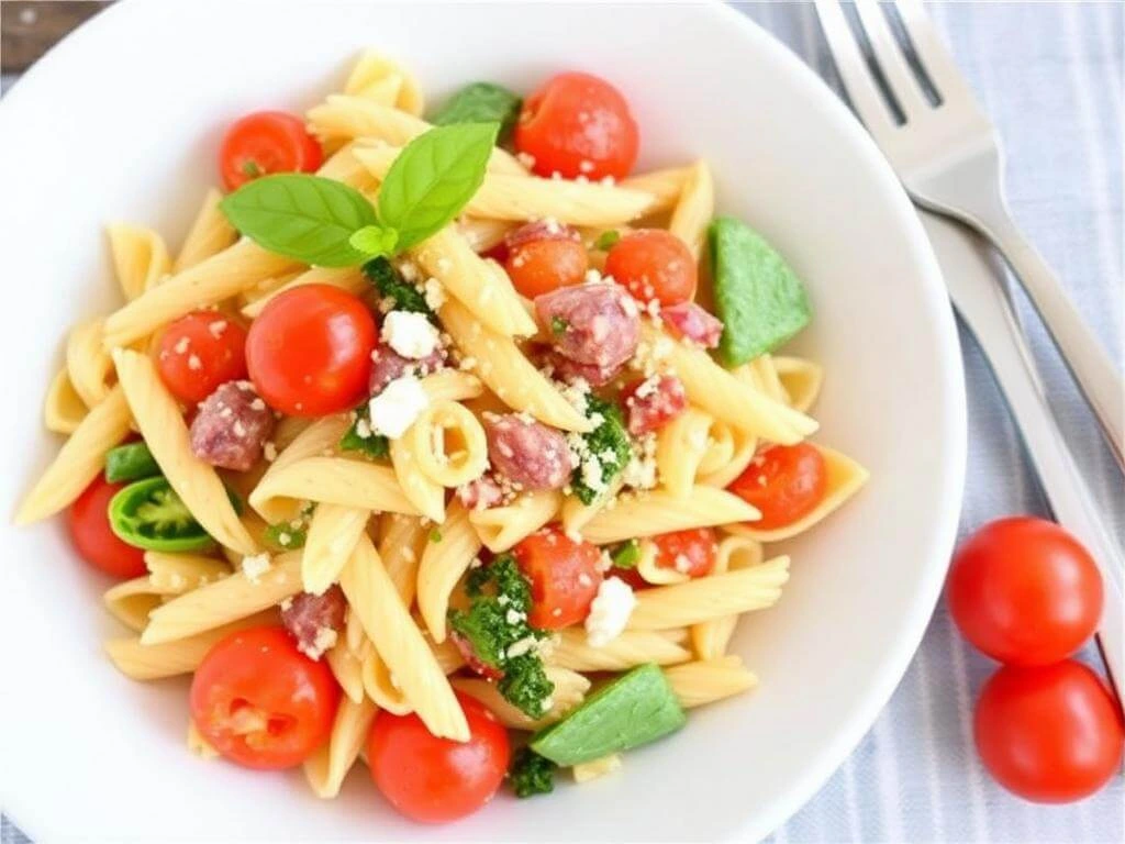 A bowl of zesty Italian pasta salad with a fork ready to serve.