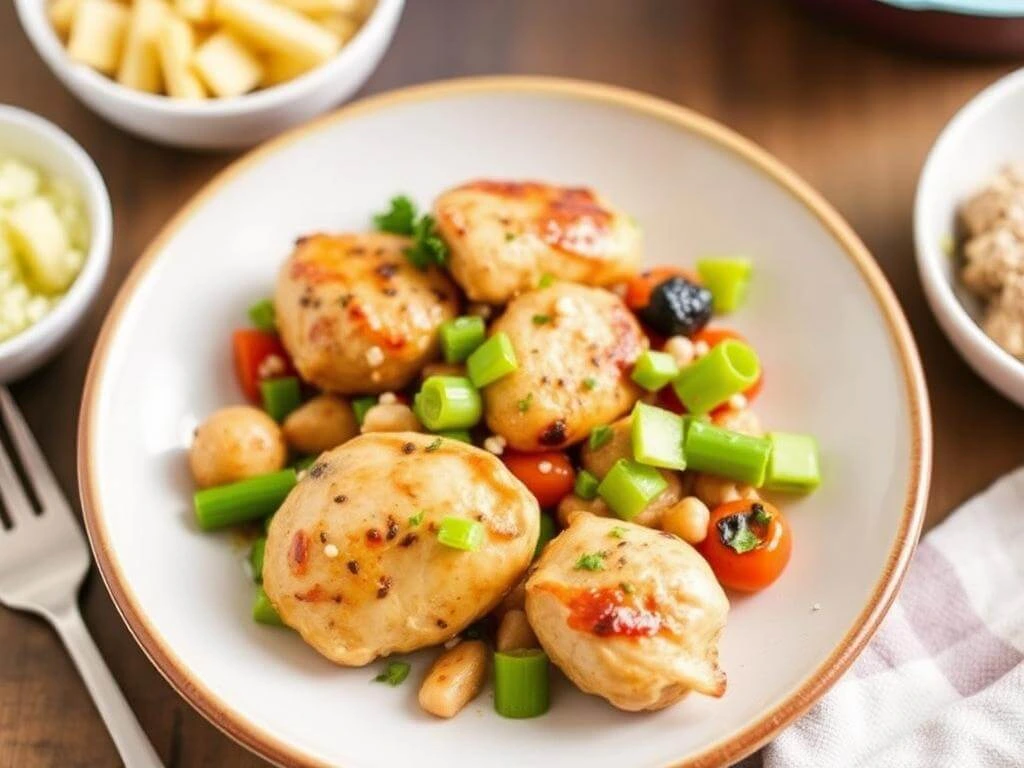 A one-pan meal featuring seasoned chicken breasts and a medley of colorful vegetables, roasted to perfection.