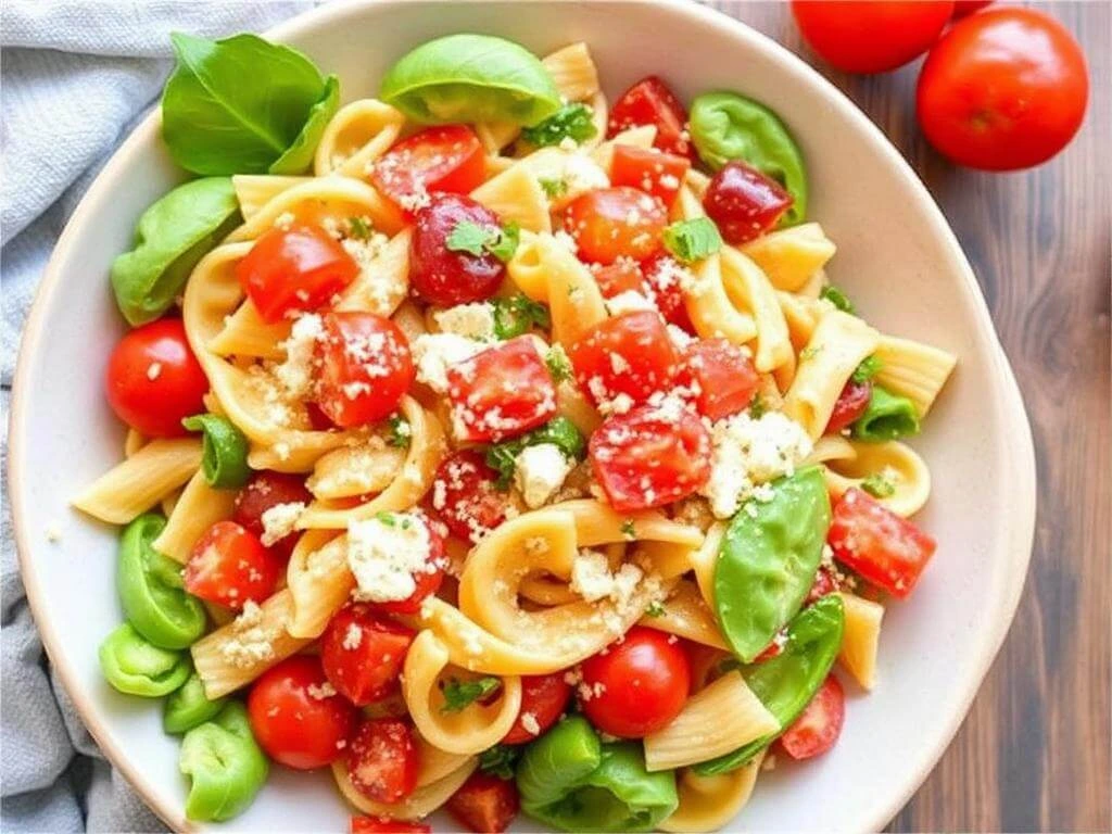 A fresh and colorful zesty Italian pasta salad served in a bowl, garnished with herbs.