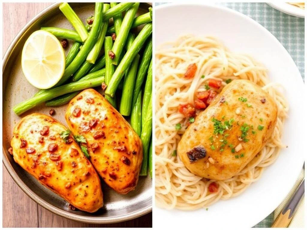 A variety of healthy chicken dishes displayed on a wooden table, including grilled chicken, chicken salad, and chicken stir-fry, garnished with fresh herbs and vegetables.