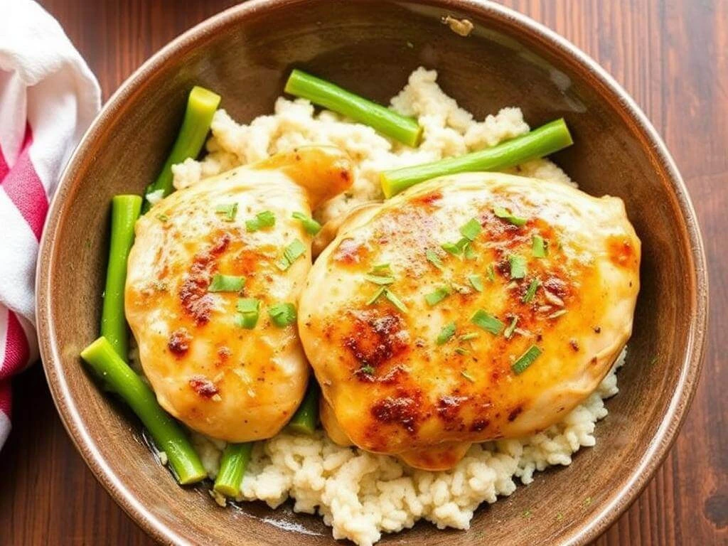 Honey mustard chicken thighs glazed with a golden sauce, served with a side of roasted vegetables.