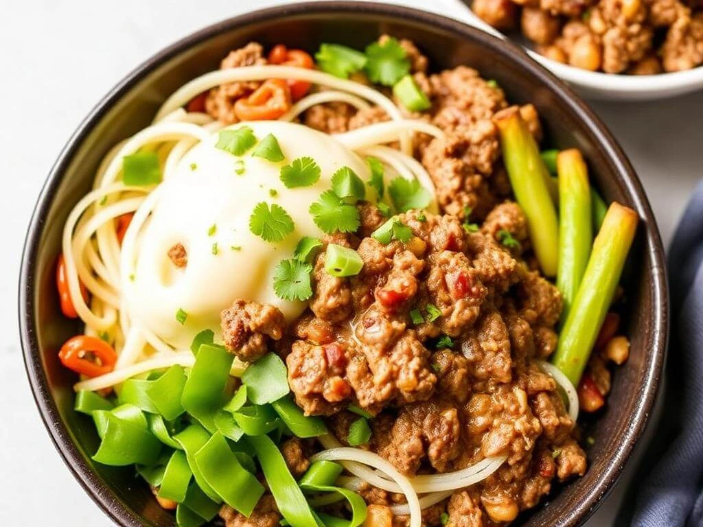 A skillet filled with ground beef, quinoa, and mixed vegetables.