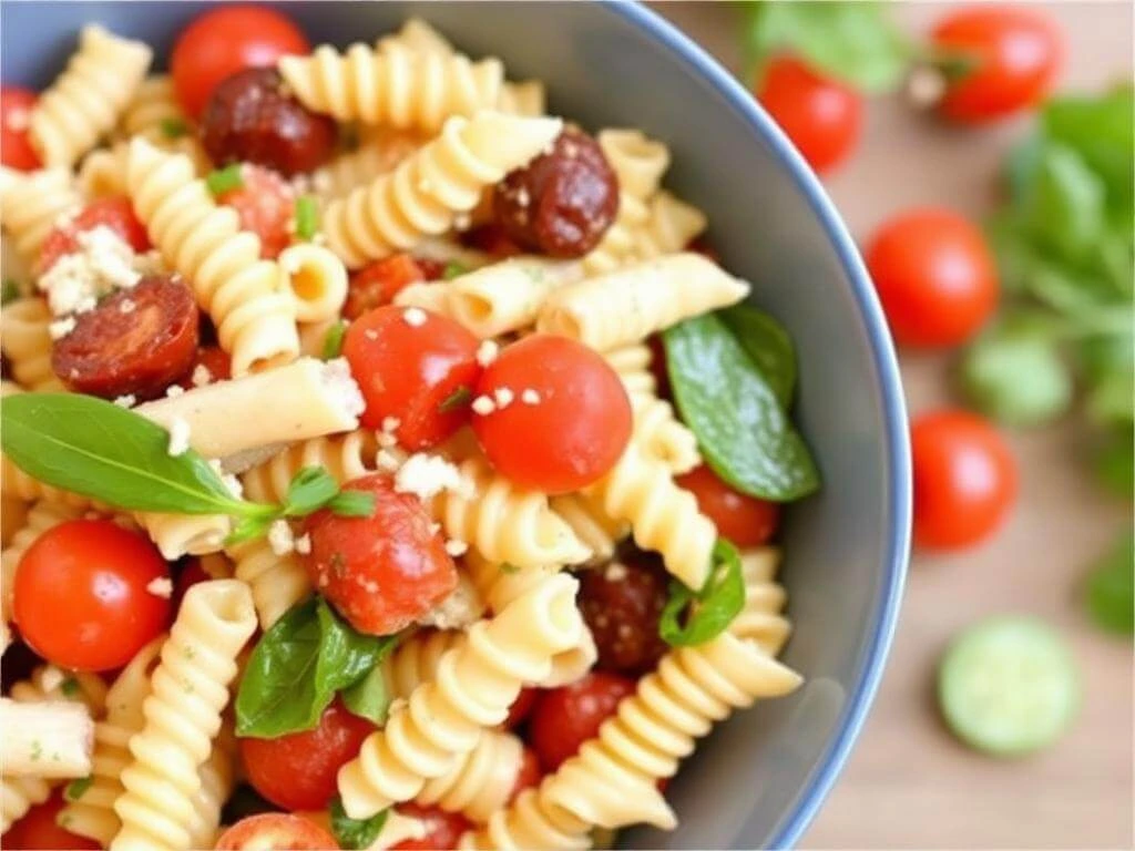 A picnic table set with bowls of zesty Italian pasta salad and other dishes.