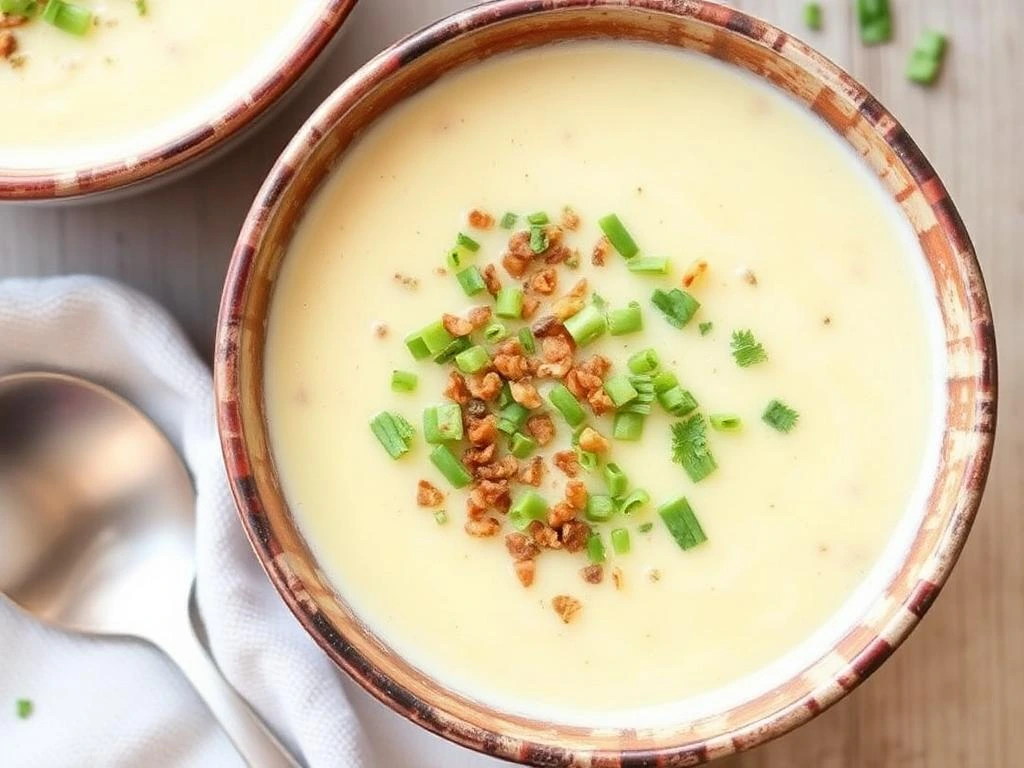 A vibrant bowl of vegan potato soup garnished with green onions and served with a side salad.