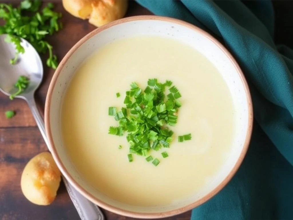 A bowl of creamy vegan potato soup with a sprinkle of paprika and fresh parsley.