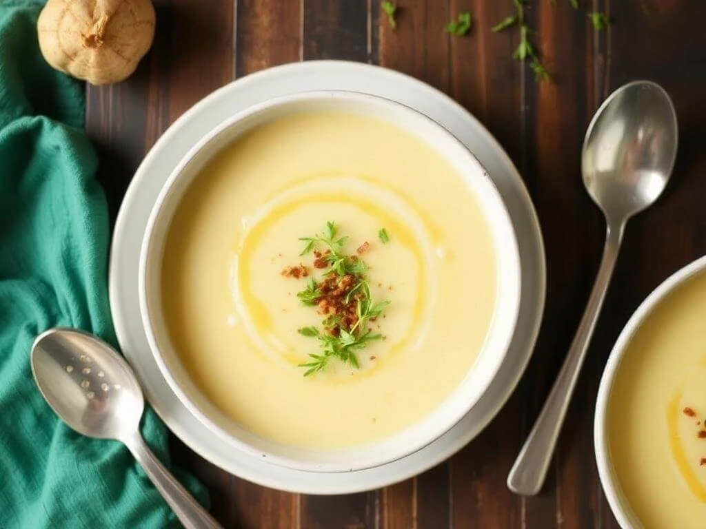 A steaming bowl of classic potato soup topped with fresh chives and crispy bacon bits, served with a slice of crusty bread.