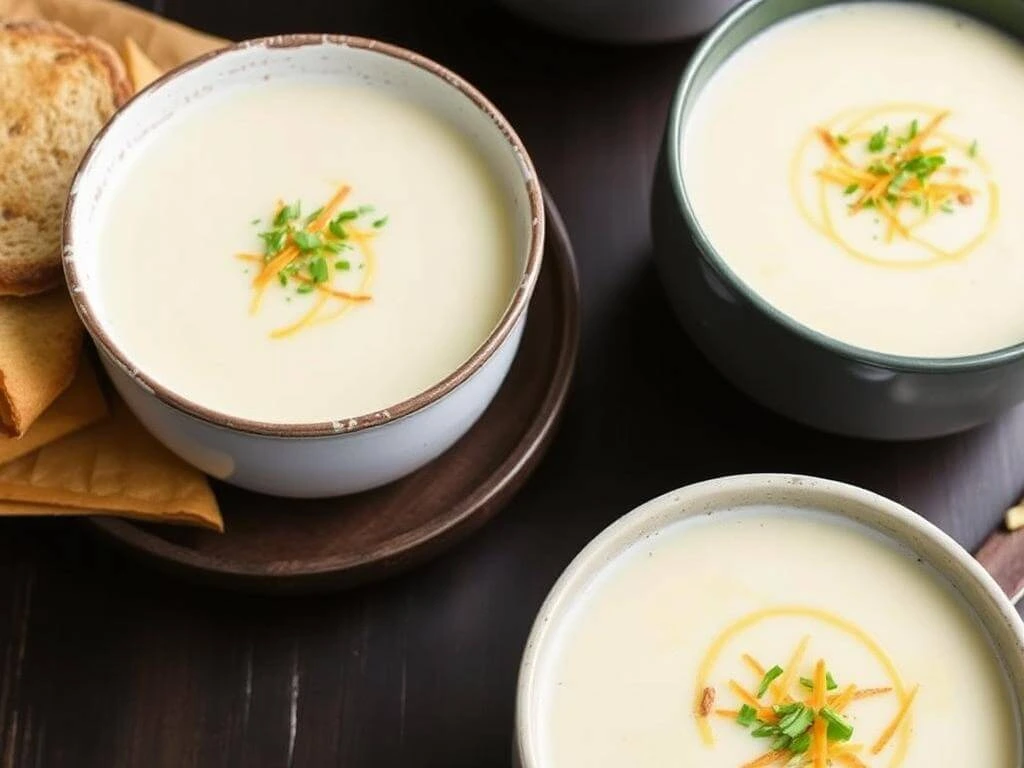 A bowl of potato leek soup garnished with a drizzle of olive oil and fresh herbs.