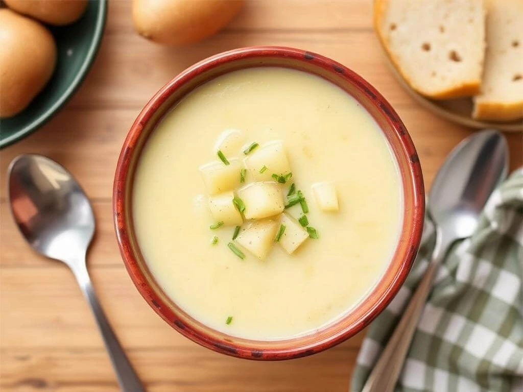 A pot of simmering potato soup on the stove, with steam rising and a wooden spoon resting on the side.