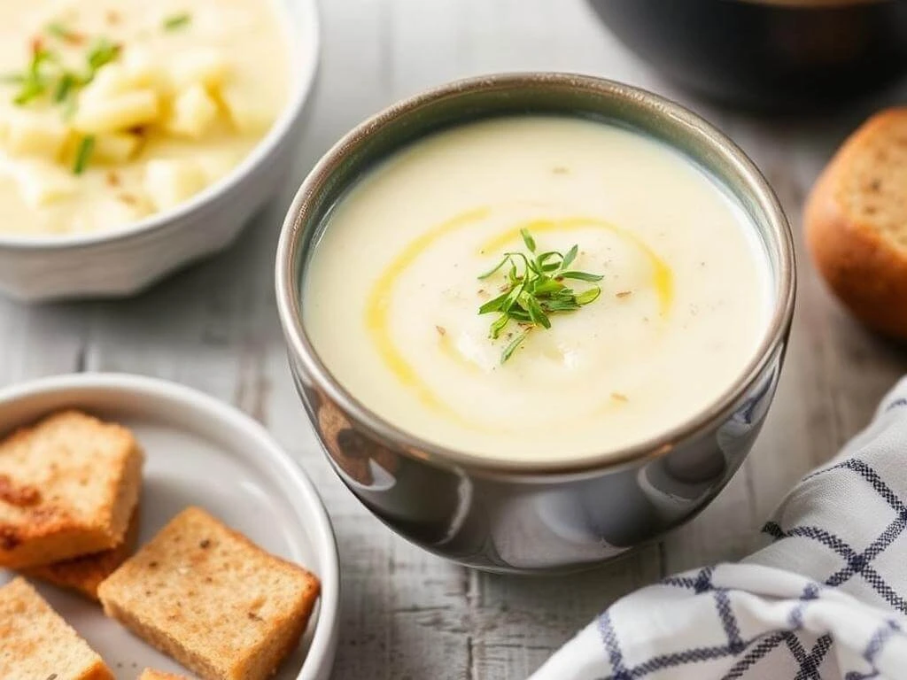 A bowl of vegan potato soup made with coconut milk and garnished with parsley.