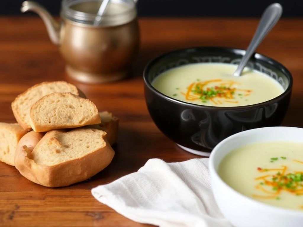 A steaming bowl of hearty vegan potato soup topped with chives and served with a slice of whole-grain bread.