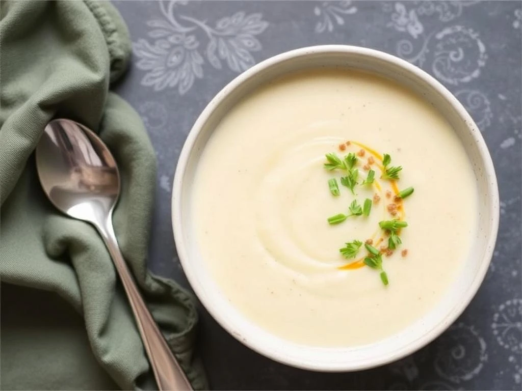 A comforting bowl of vegan potato soup topped with fresh dill and served with a lemon wedge.