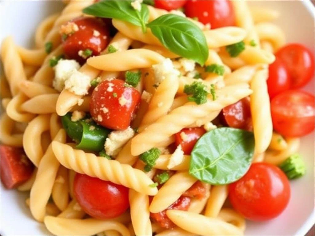 A vibrant bowl of Italian pasta salad with olives, cheese, and fresh herbs.