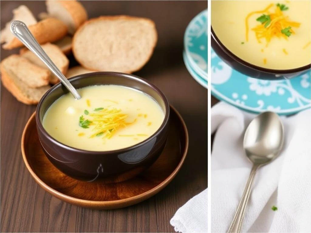 A bowl of creamy potato soup garnished with chives and a slice of crusty bread.