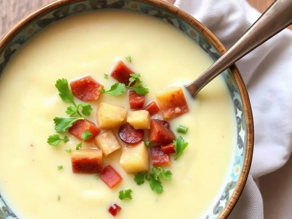 A simple bowl of vegan potato soup with a drizzle of olive oil and a side of crusty bread.