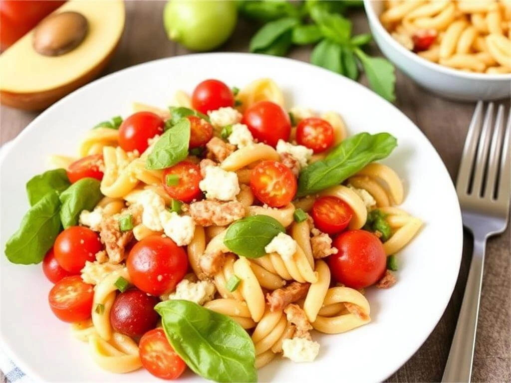 A serving of zesty Italian pasta salad featuring colorful ingredients and a drizzle of dressing.