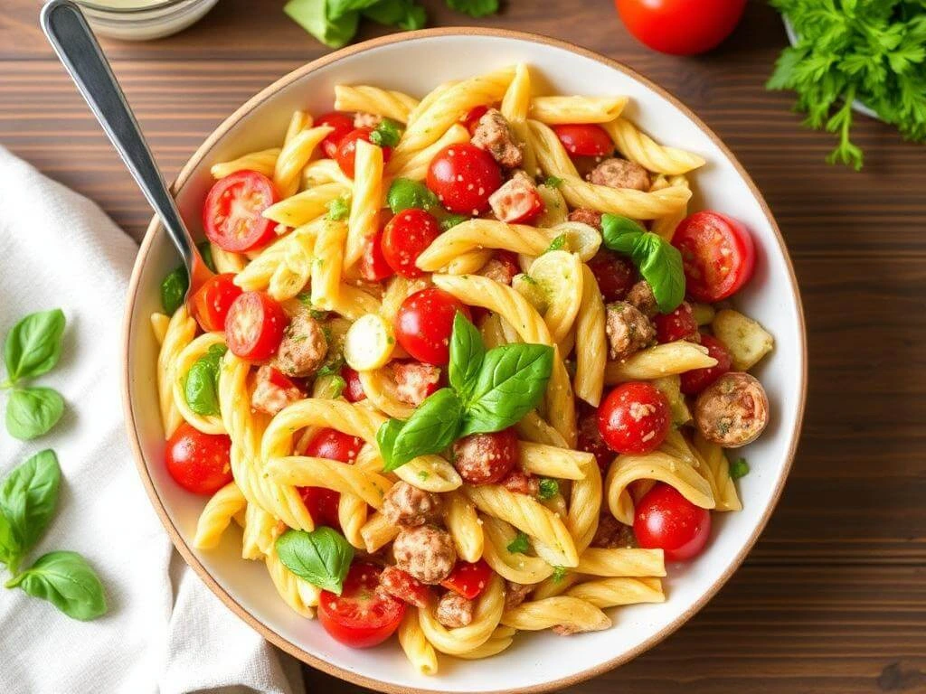 A bowl of zesty Italian pasta salad with a variety of colorful vegetables and dressing.