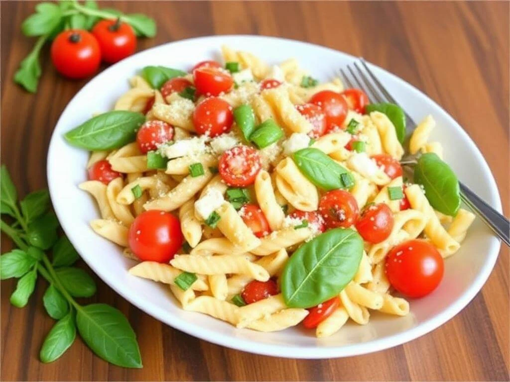 A serving of zesty Italian pasta salad on a plate, showcasing the vibrant colors of the ingredients.