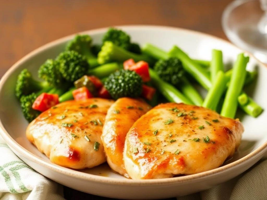 A beautifully plated dish of sautéed chicken breast with colorful vegetables, garnished with fresh herbs, showcasing a quick and healthy meal option.