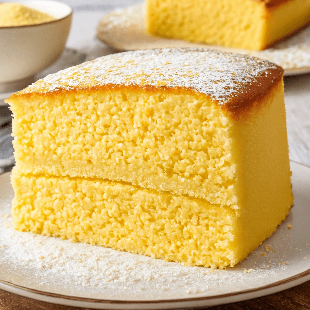 Close-up of a slice of moist cornmeal cake with a light crumb texture, served with whipped cream.