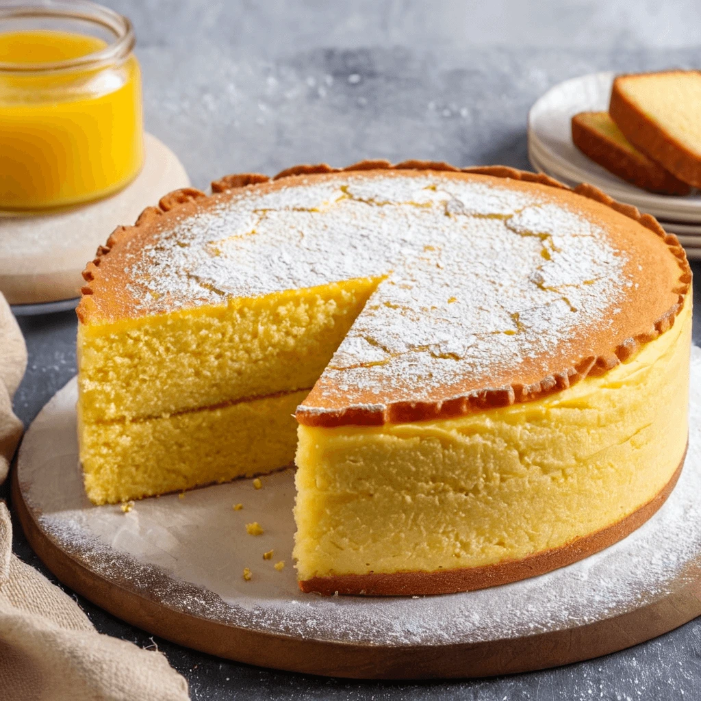 A baker’s hands sifting cornmeal into a mixing bowl, surrounded by cake ingredients like eggs and milk.