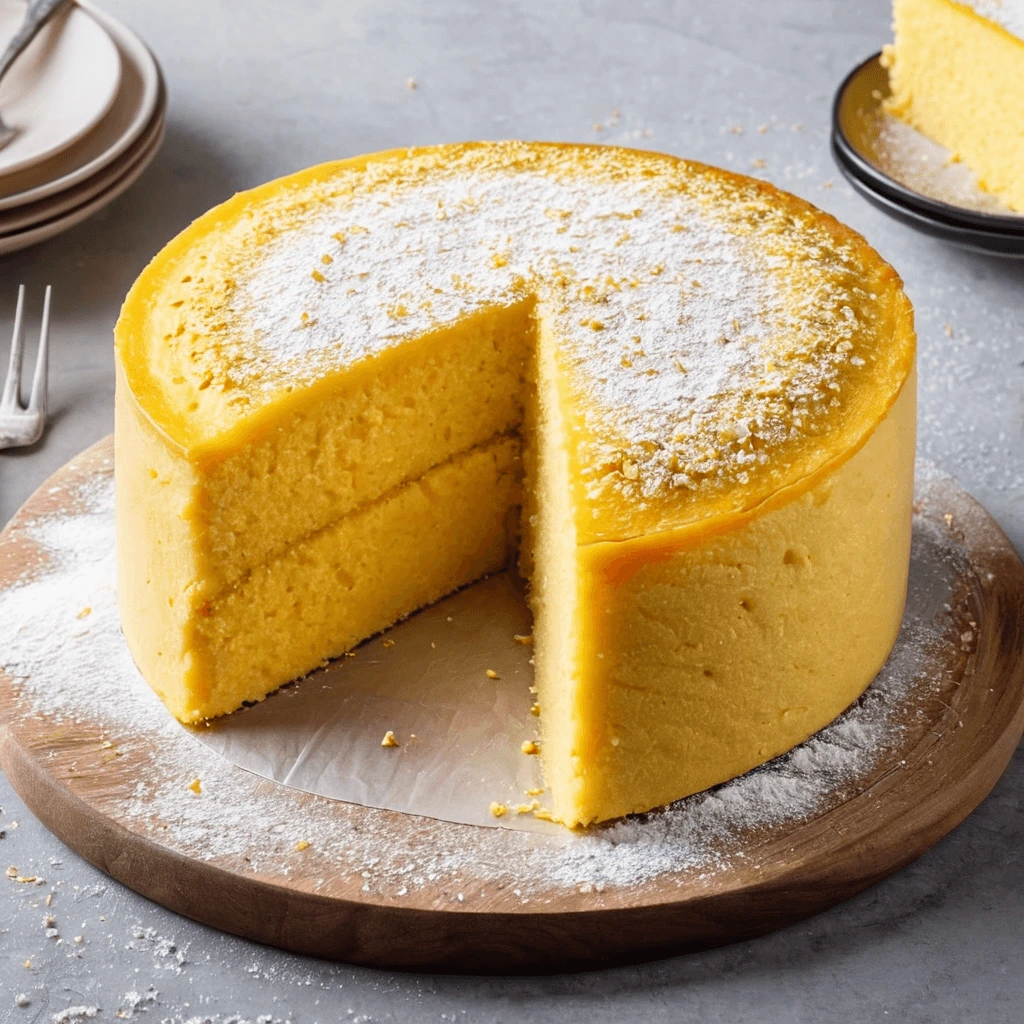 Cornmeal cake batter being poured into a round baking pan, with a spatula smoothing the surface.