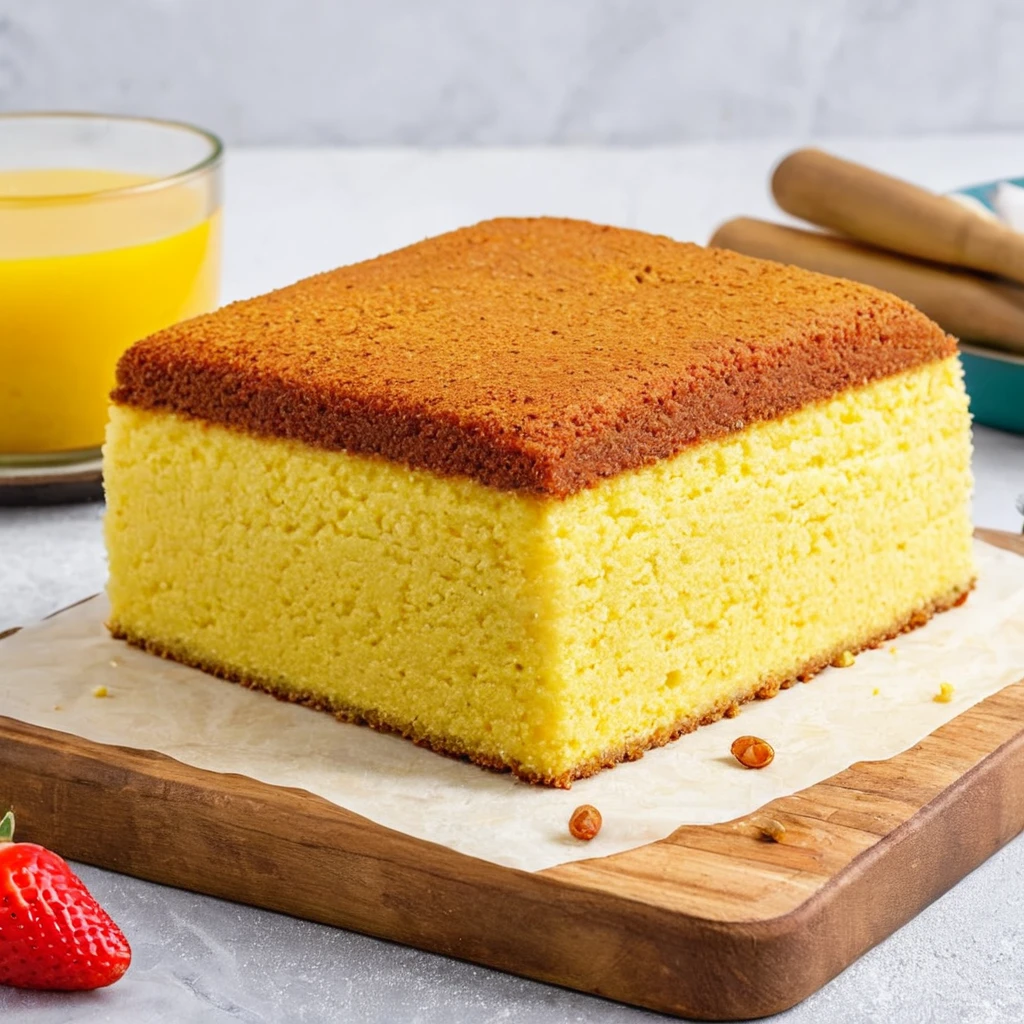 A sliced cornmeal cake served with fresh berries and a drizzle of honey on a white plate.