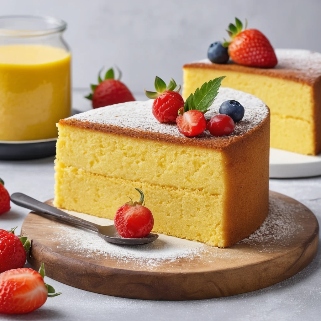 A close-up of a freshly baked cornmeal cake topped with powdered sugar on a rustic wooden table.