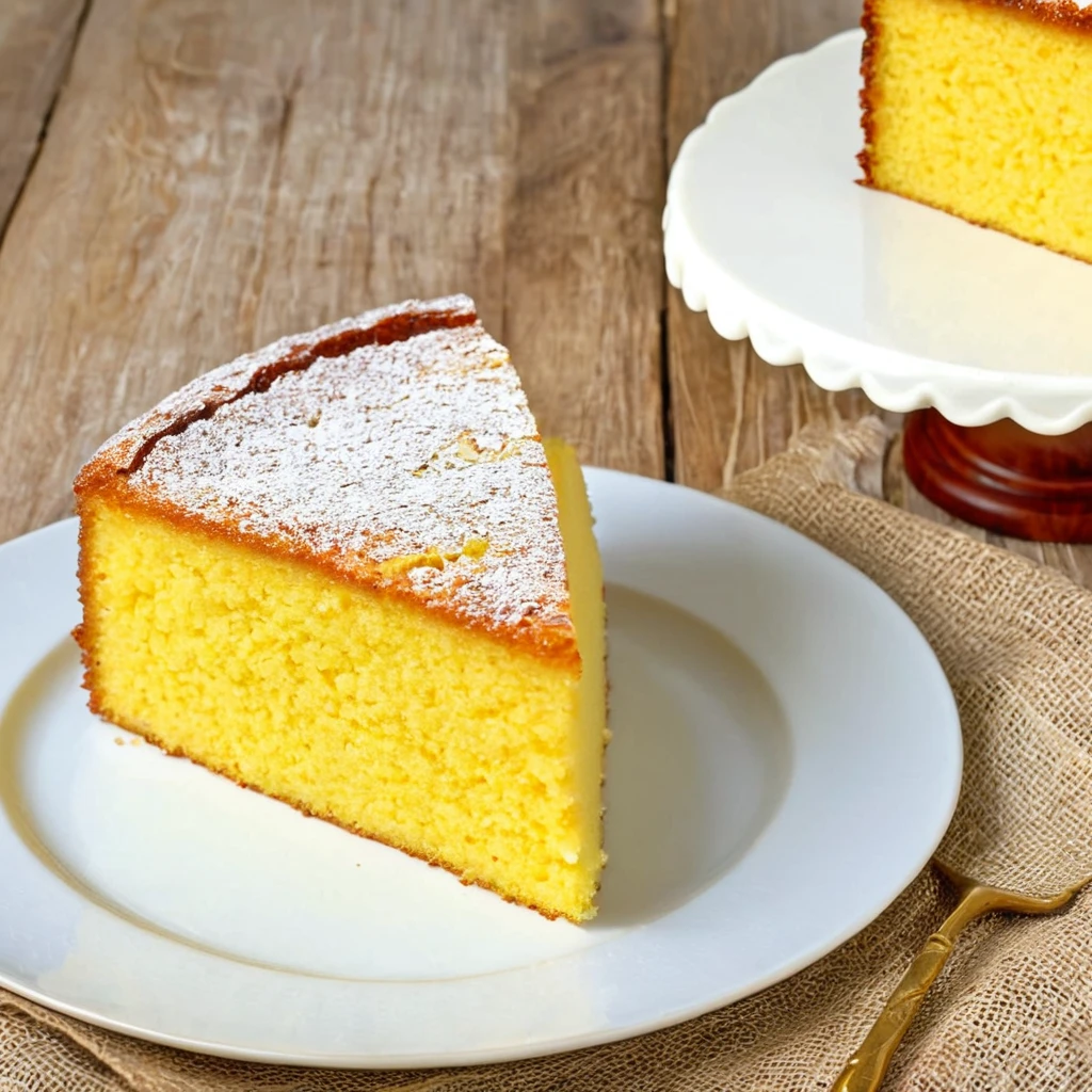 A rustic cornmeal cake surrounded by a pitcher of milk, a bowl of fruit, and a vase of fresh flowers.