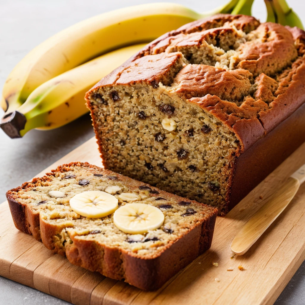 A close-up of a moist slice of Starbucks Banana Loaf with visible walnuts.