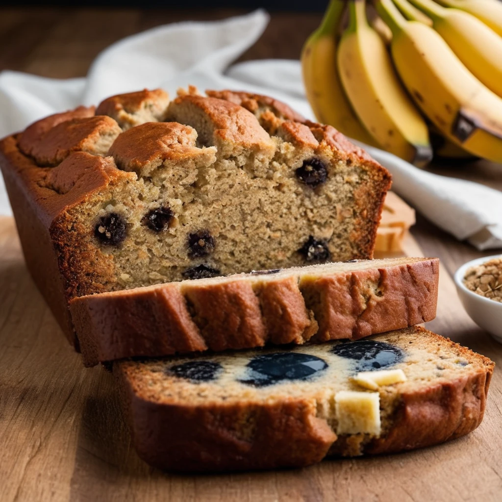 A bowl of banana loaf batter being mixed with a wooden spoon.