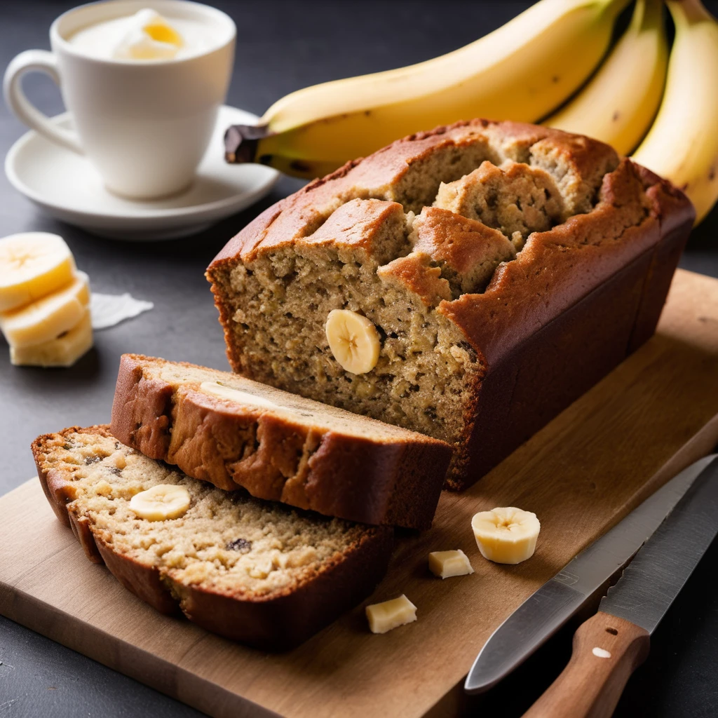 A cup of Starbucks coffee next to a slice of banana loaf.